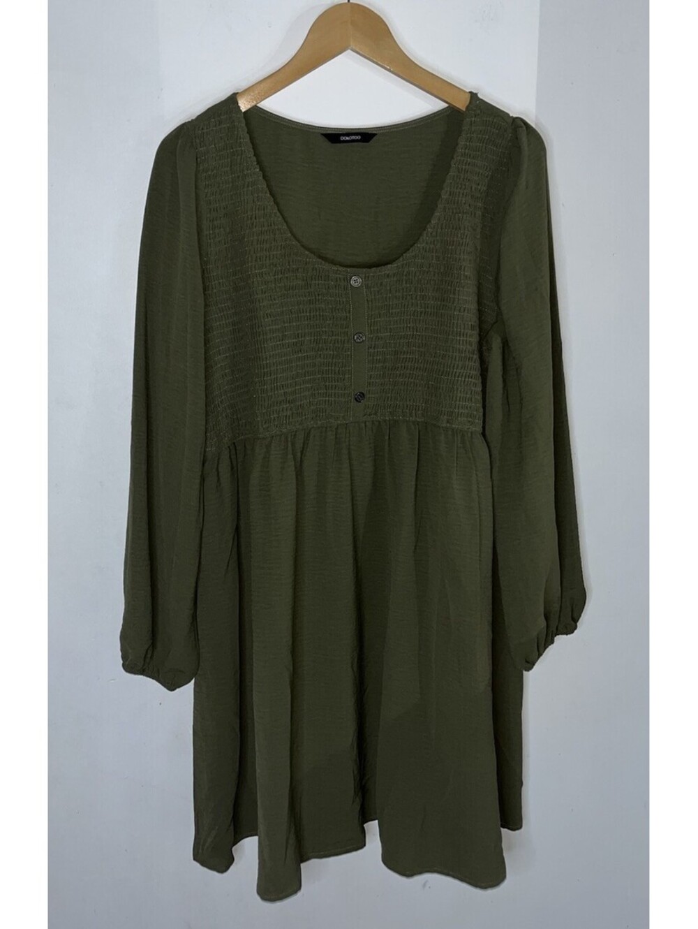 DOKOTOO Smocked Front Long Sleeve Babydoll Dress Olive Green Women’s Size XL